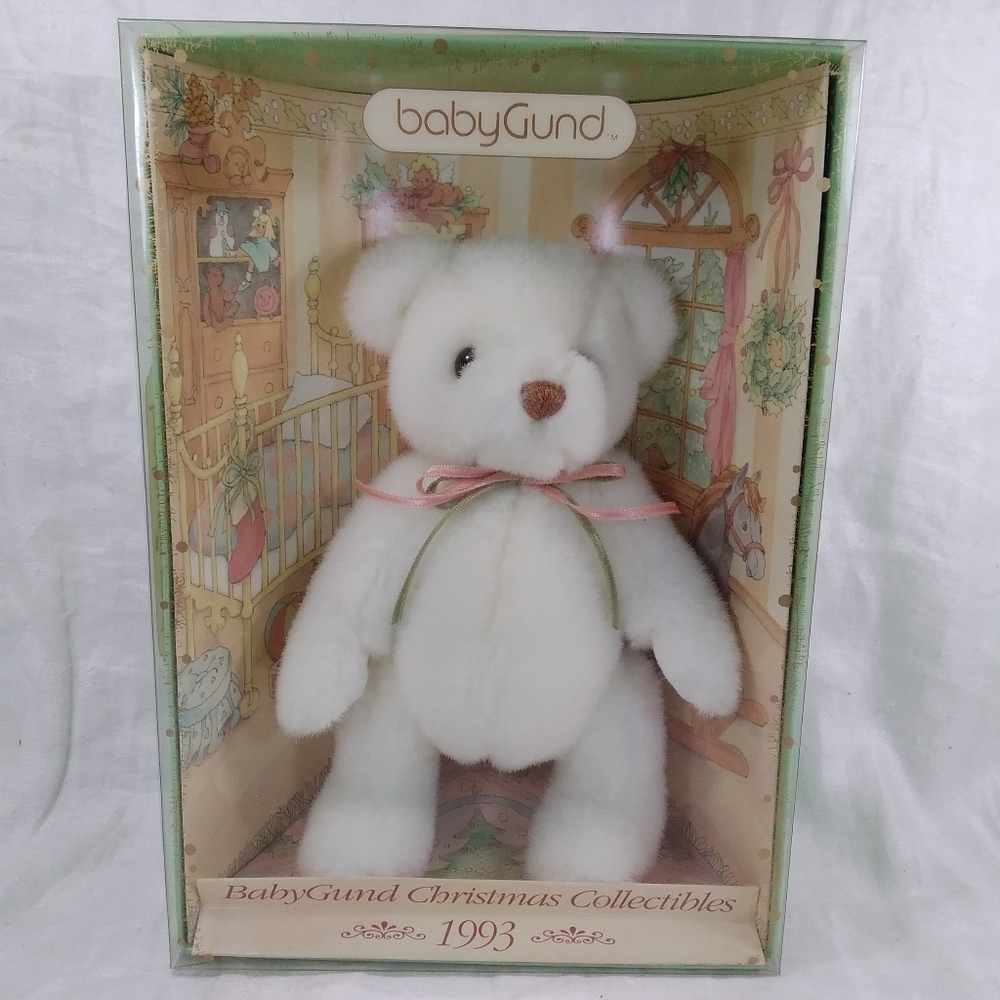 Baby Gund Christmas Collectibles 1993 Teddy Bear White Plush With Ribbon Bow NOS - Picture 12 of 12